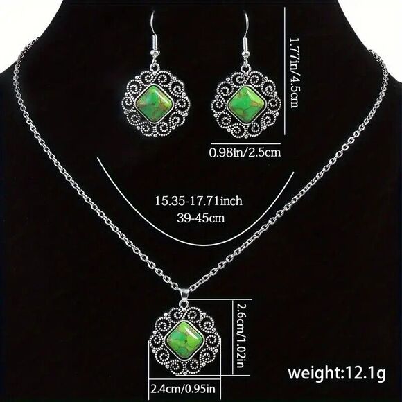 BOHO Style Earring and Necklace Set, Green Stone - Picture 3 of 4